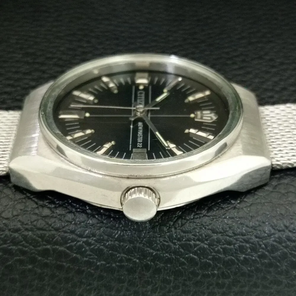 Vintage 1977 Citizen Manual Wound Mens Silver Watch & Black accents